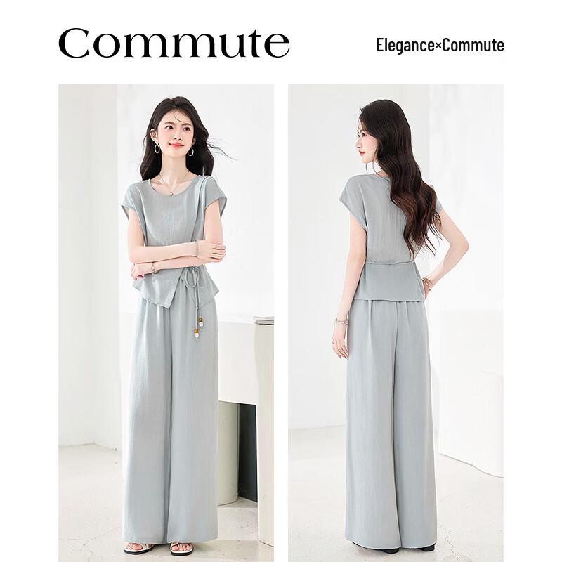 Women's Elegant Tie-Waist Short Sleeve Top & Pants Set