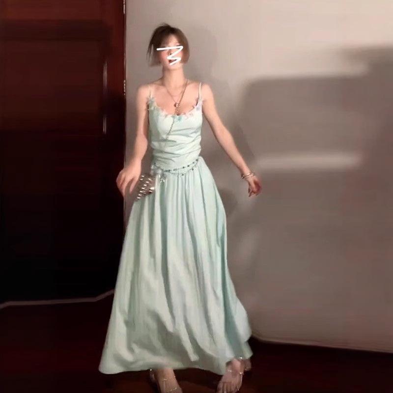 Green Spaghetti Strap Backless A-Line Summer Dress with Cinched Waist  