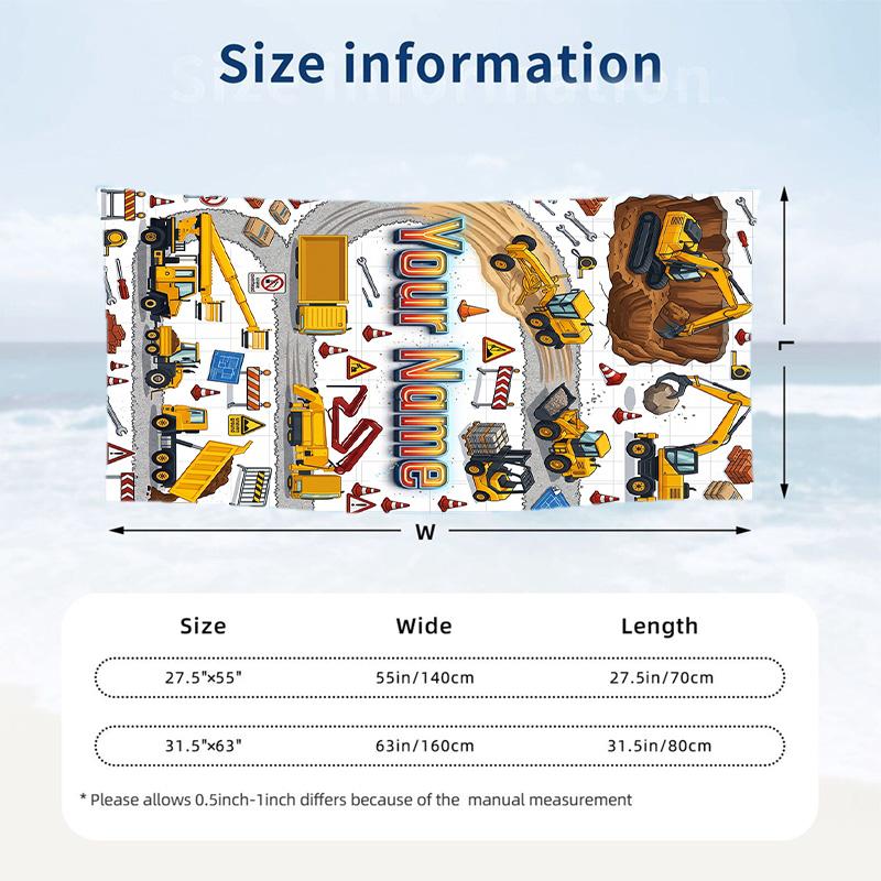Construction Vehicles Theme Beach Towel Personalized Custom Name & Text Soft Quick Dry Beach Towel for Swimming Travel