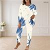 Women Plus Size Round Neck Long Sleeve Printed Blue Beige Longline Top Fitted Pants Two Piece Set