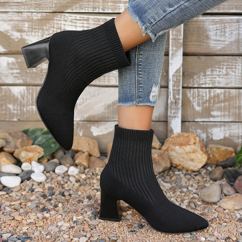 Fashion 2024 Hot Sale Ladies Shoes Ankle Women's Boots Plus Size Knitted Boots Women Pointed Toe Slip On High Chunky Heels Women Shoes