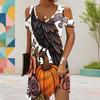 Women Plus Size V Neck Cold Shoulder Short Sleeve Cartoon Ghost Printed Dress