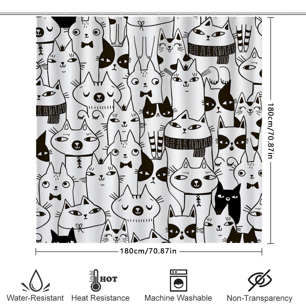 Black White Cartoon Cat Print Shower Curtain Waterproof Fabric For Bathroom Decorations Diy Home Decoration