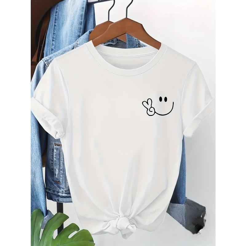 Women's Artistic Print T-Shirt Round Neck Short Sleeve Joyful Face Chest Detail Soft Fabric Regular Fit All-Season Casual Tee