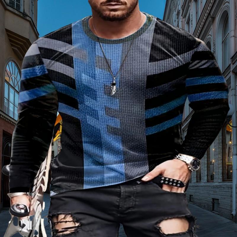 

Вінтажна повсякденна чоловіча футболка з круглим коміром у смужку та кольорову гаму Зручна всесезонна вулична мода Якісний одяг з довгими рукавами 4XL