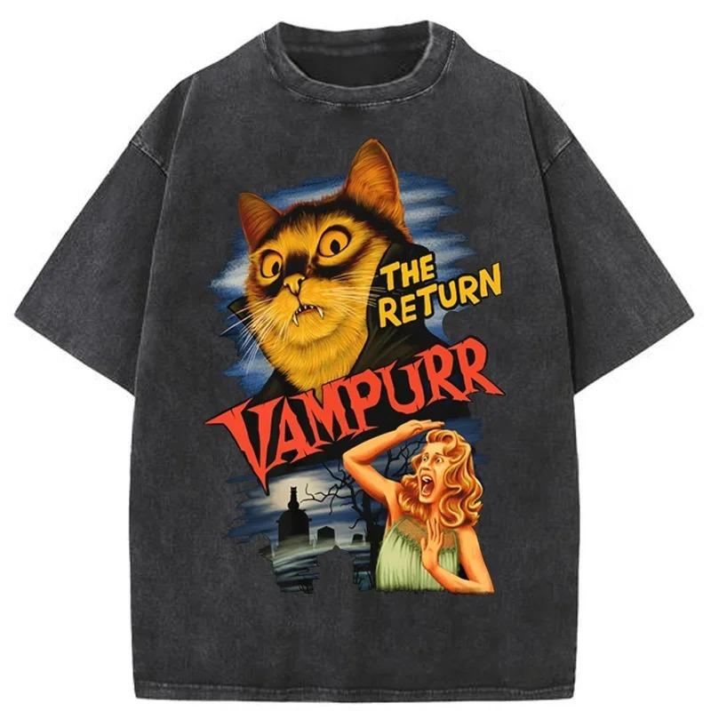 Funny Vampire Cat  Vampurr The Return  Retro Horror Movie Parody Graphic Print Vintage Acid Washed Oversized Streetwear Cat Lover T-Shirt Top L