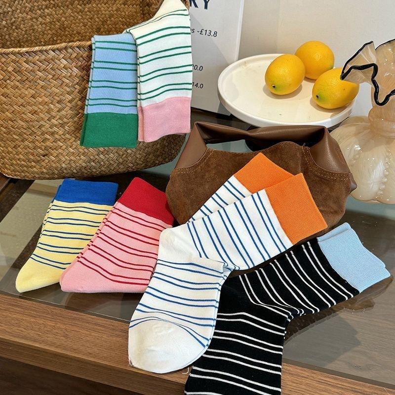 Striped Socks for Women, Mid-calf Socks, Trendy Pure Cotton Spring and Autumn Style, Retro Striped Student Summer Boneless Long Socks