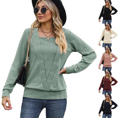 2024 European And American Autumn/Winter New Solid Color Square Neck Cross Loose Long Sleeve T-Shirt Top For Women