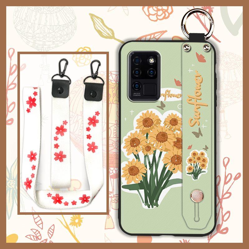 Waterproof Durable Phone Case For Oukitel C21 Wristband Wrist Strap Shockproof Silicone Kickstand Protective Ring Flower
