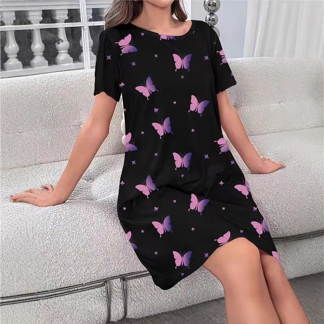 Women s Butterfly Print Short Sleeve Nightdress, Casual Loose Sleepwear Dress, Summer Loungewear for Ladies S чёрный