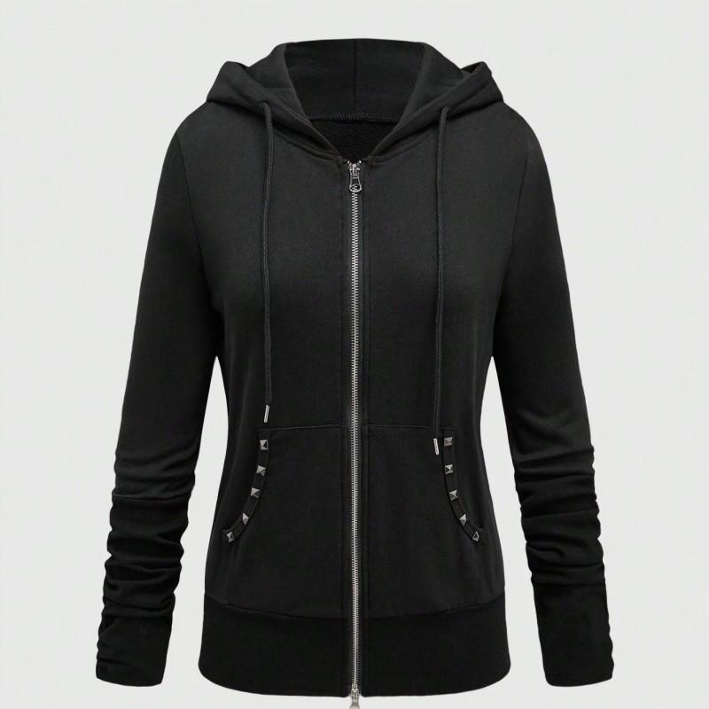 Y2K Streetwear Hooded Zip-Up Sweatshirt With Rhinestone Cross Pockets Loose Fit Long Sleeve Womens Fall 2025
