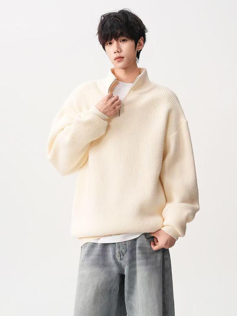Men's Loose Knit Half-Zip Sweater - Solid Color, Stand-Up Collar, Cozy Autumn/Winter Pullover