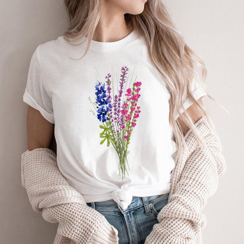 Women Tshirt Cartoon Purple Flower Floral 2025 Summer Spring T Shirt Female Clothes Graphic 90S Aesthetic Kawaii Tee Tops Lady