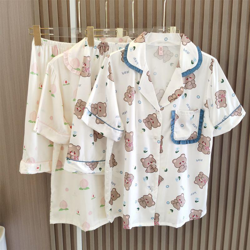 Japanese Style Bear Print Silk Touch Pajamas Women's Summer Cartoon Short Sleeve Shorts Thin Student Cool Home Wear