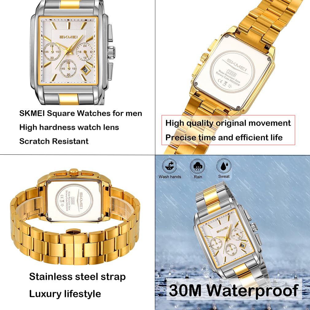 SKMEI Square Watch Stylish Silver Stainless Steel Arm Watch Waterproof Analog Business Casual Chronograph Watch Luxury Gift White Wach for Men Men's