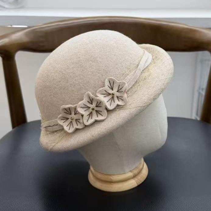 Elegant woolen top hat autumn and winter new bucket hat women's fashion retro pearl flower curling