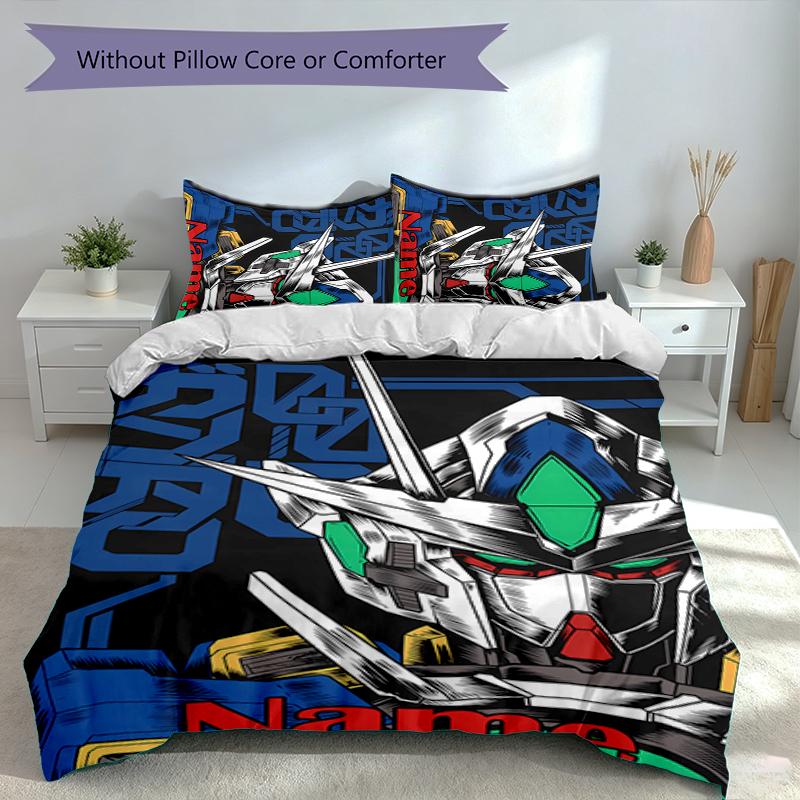 3pcs Custom Name Mobile Suit Gundam Set,Includes 1 Duvet Cover and 2 Pillowcases,All-season Bedroom Decor