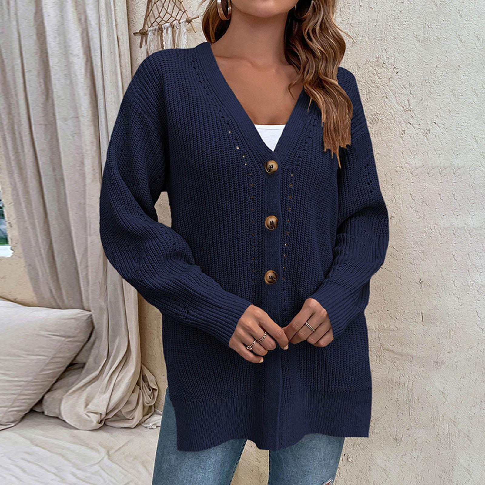 

Women s Fashionable Temperament Solid Color Hollow Button Split Knitted Coat S Темно-синій