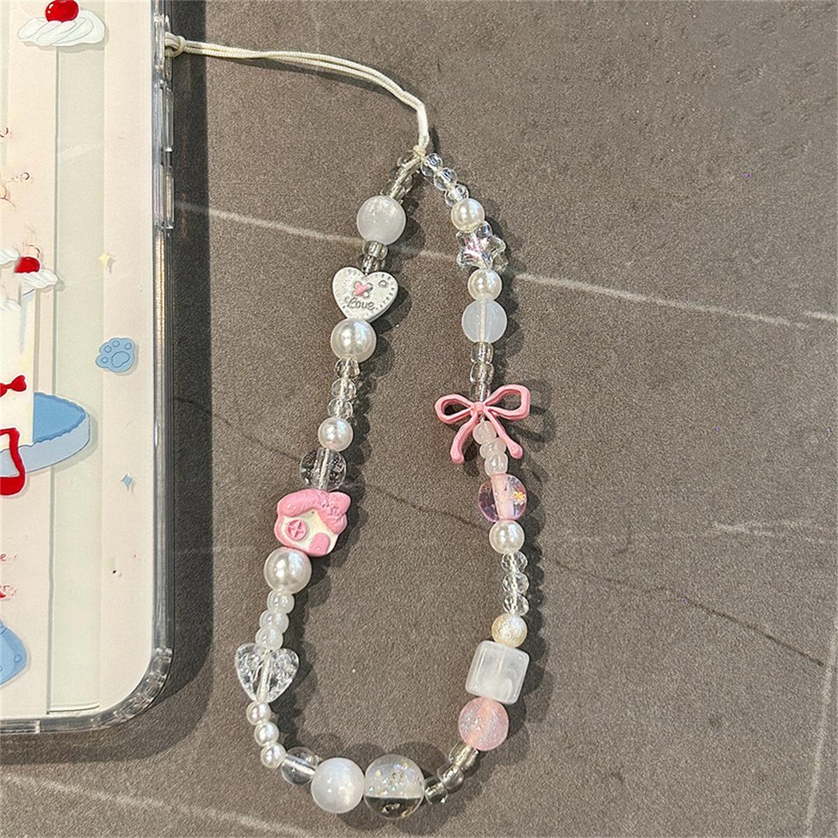

Cute Small House Bow Beaded Mobile Phone Chain Lanyard Camera Anti-lost Keychain For iPhone Bag Girl Wrist Hanging Rope Jewelry