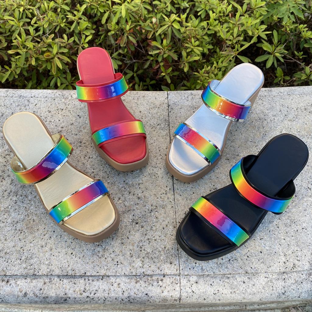 2025 European and American foreign trade new waterproof table high-heeled women's slippers color high-heeled one-word broadband open-toed sandals