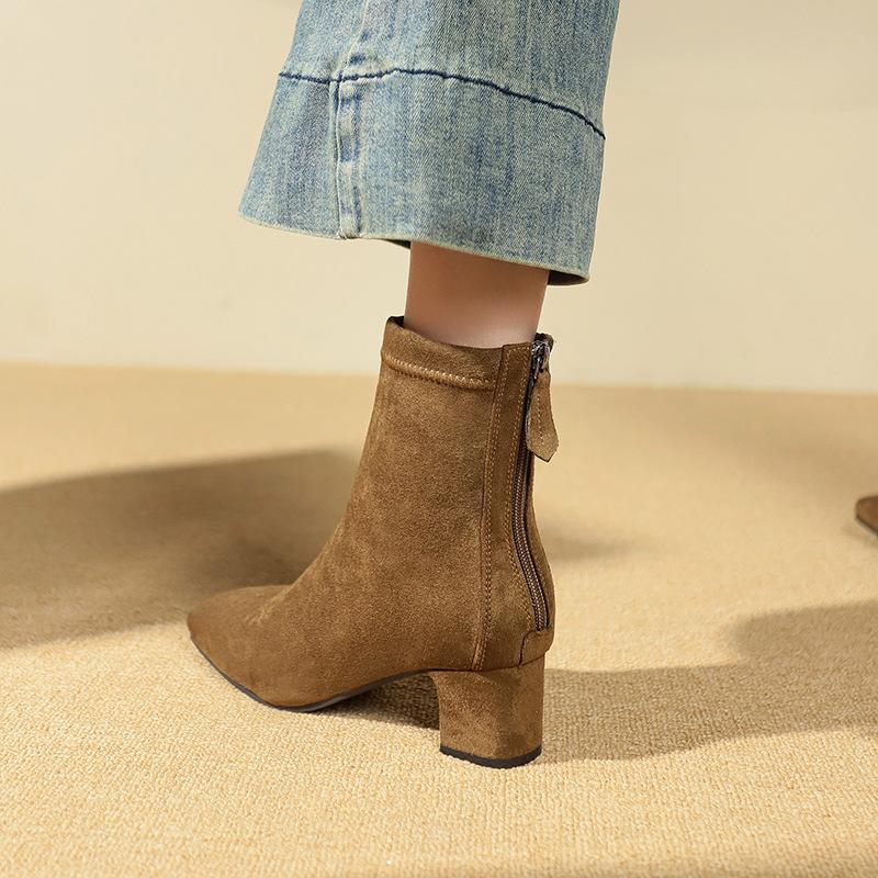 Retro High-heeled Suede Square Head Thin Short Boots Women's Shoes Spring and Autumn 2025 New Korean Small Ankle Boots Martin Boots