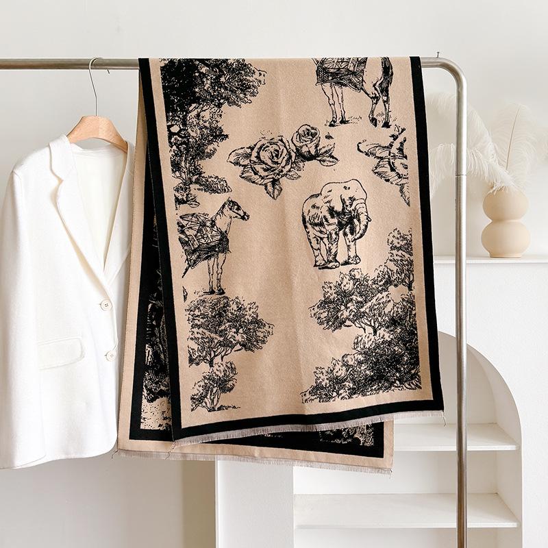 Retro Double-Sided Printing Imitation Cashmere Women'S Scarf Winter Fashion High Temperament Thickened Warm Versatile Shawl