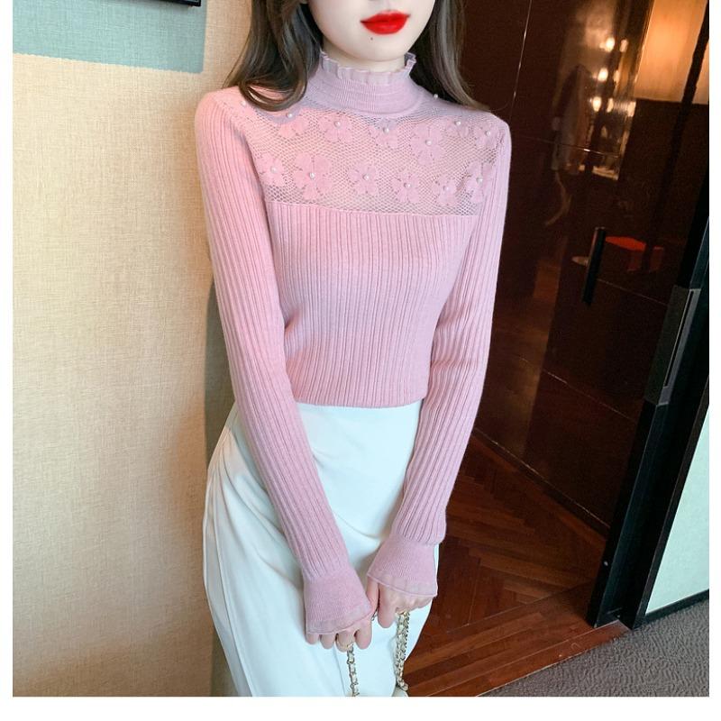 Herbst und Winter Damen Pullover Bottoming Shirt Halbhoher Hals ausgehöhltes gestricktes Bottoming Shirt Schlanke, vielseitige Langarmbluse