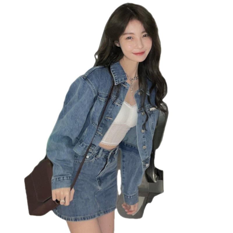 Retro Street Style Women's Denim Jacket & High-Waist Skirt Set