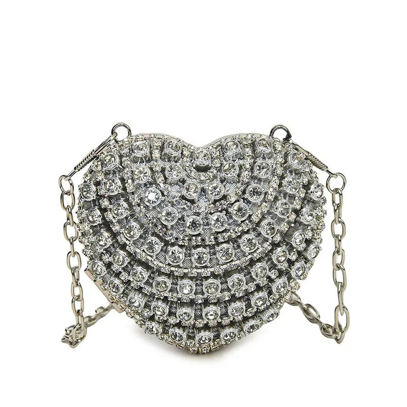 Mini Diamond Inlay Heart Shape Crystal Clutch Purse Stones Evening Wedding Party Shoulder Bag Handle Rhinestone Handbags