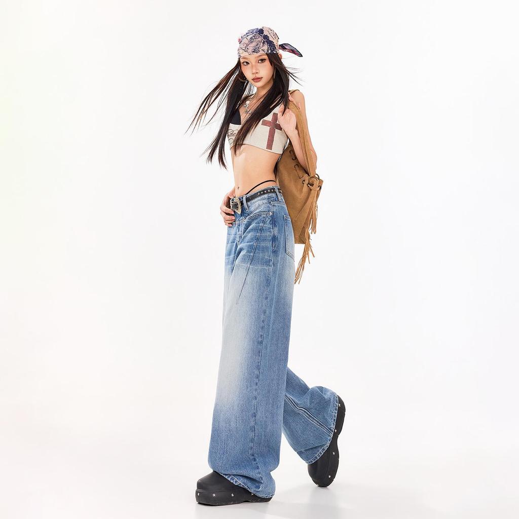 Women's Textured Distressed Denim Jeans: Loose Fit, Wide-Leg, Floor-Length, New Spring/Autumn 2026 Style.