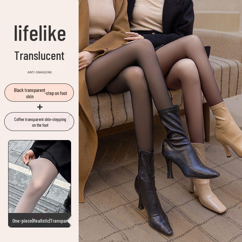 Grey-Black See-Through Base Layer Leggings with Fleece - Women’s Spring/Autumn/Winter Style for Bare Legs Look