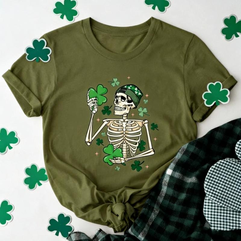 Patricks St Pattys Skeleton Dancing Funny Irish Shirt Saint Day Shamrock Unisex Graphic Tshirts Crewneck Regular Short Sleeve