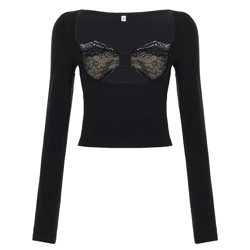 

Pure Desire Lace-Spliced Hollow Two-Piece Illusion Long-Sleeved Sexy T-Shirt Large