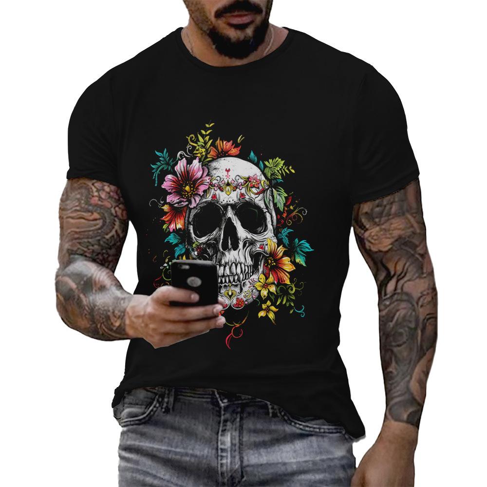 Trendy Skull Floral Graphic Short Sleeve T-Shirt, Cool Casual Top for Men