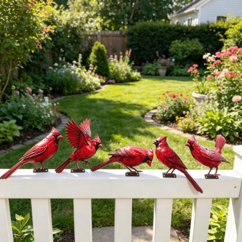 Outdoor Fence Bird Set Iron 5 Piece, Red Bird Figurines for Garden Railings, Flower Rows, Fence Lines and Yard Edges