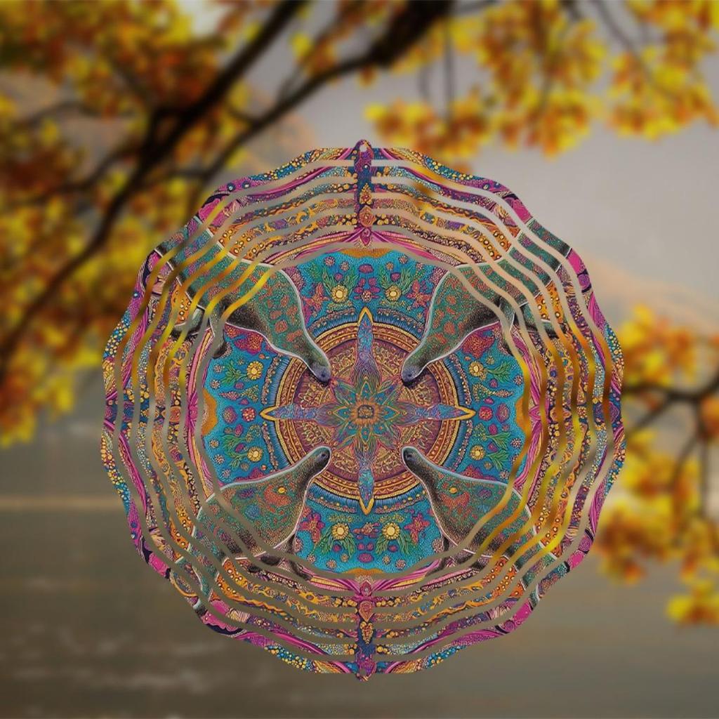 10 tum Färgsprakande Metallvindspel med 360 Graders Roterande Krok Mandaladesign för Utomhus Trädgård Balkong Vår Sommardekor