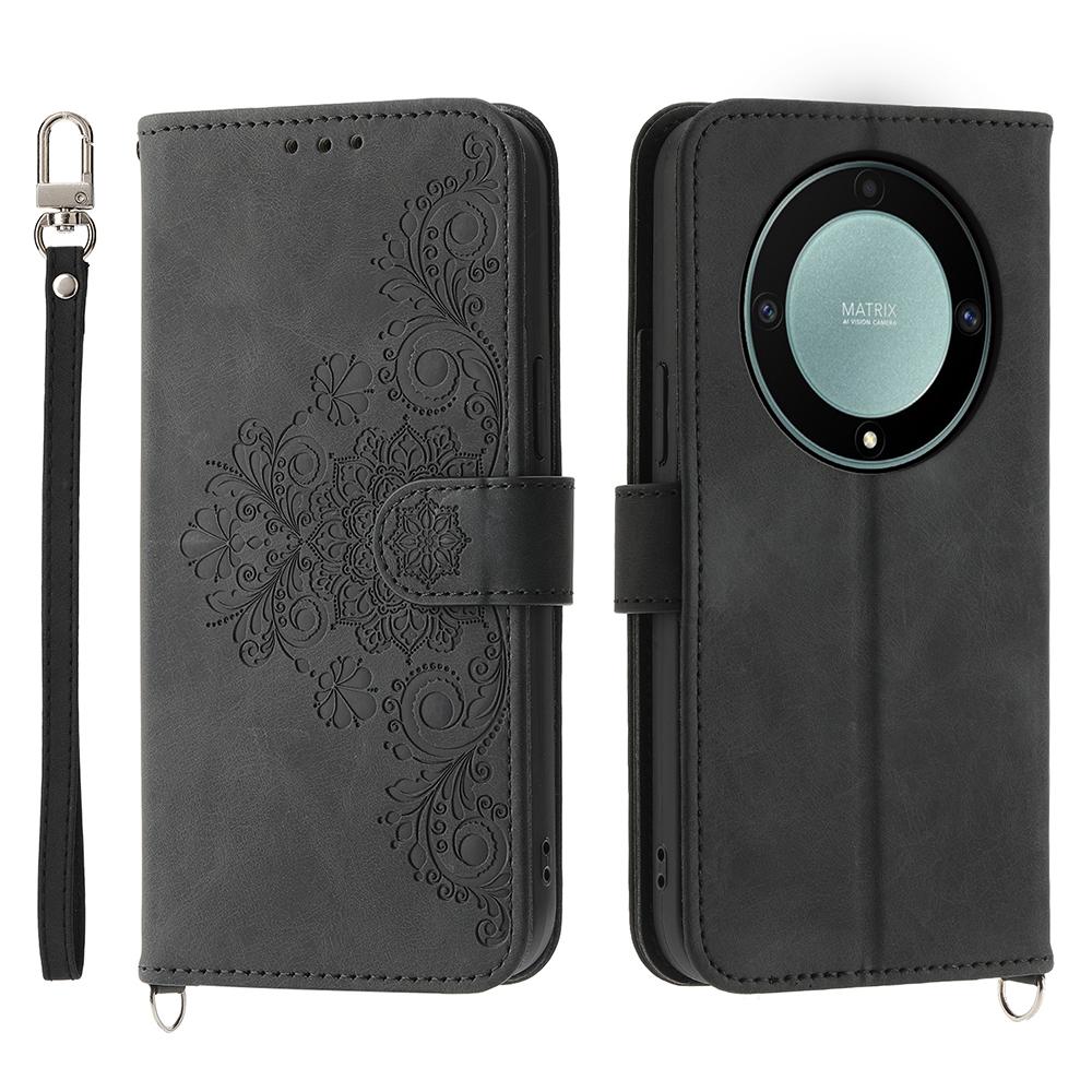 Phone Case For Honor Magic8 Lite 5G / X70 5G / X9d 5G Flower Pattern PU Leather Wallet Cover with Strap