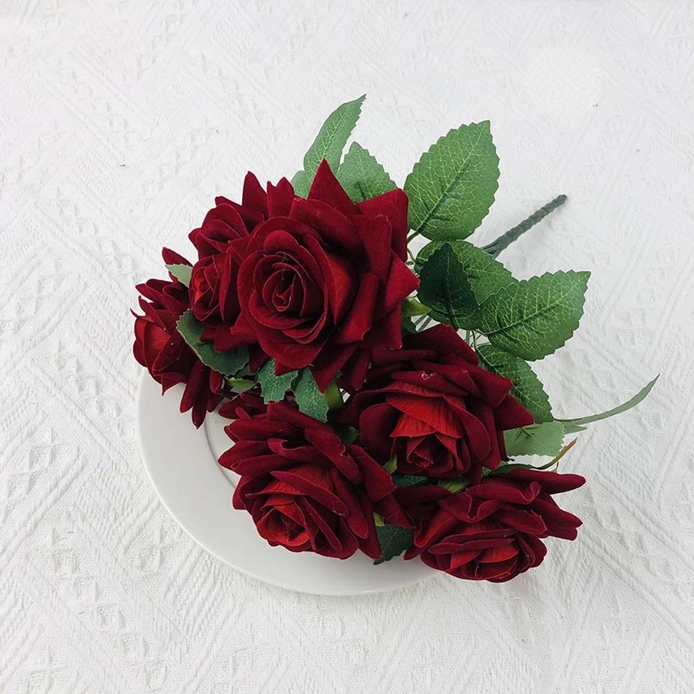 

Velvet Artificial Flowers Rose Bouquet Wedding Decorations Red 7 Heads Fake Roses Decorative Flower Home Decor Garden Decoration кларет