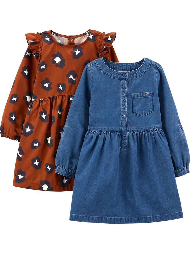 Joys by Dress Long Toddler [Simple Carter's] 2-Piece Set, Sleeve, Girls, Chambray/Cheetah, 88-93