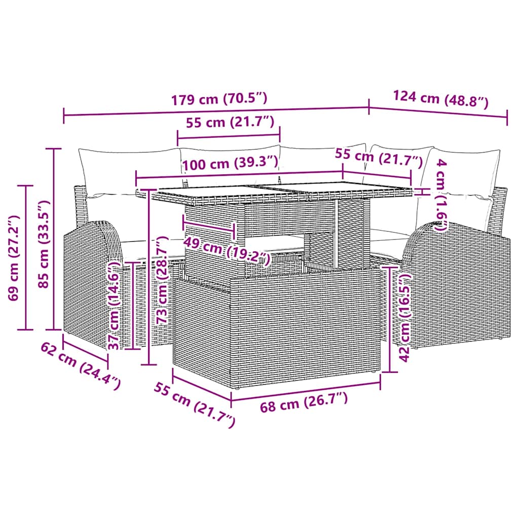 Garden Sofa Set with Cushions and Storage 5 pcs Brown Poly Rattan