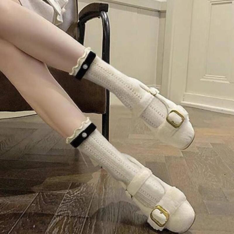 Women s Cotton Red Knee Socks Cubic Ribbon Socks A33781_Black