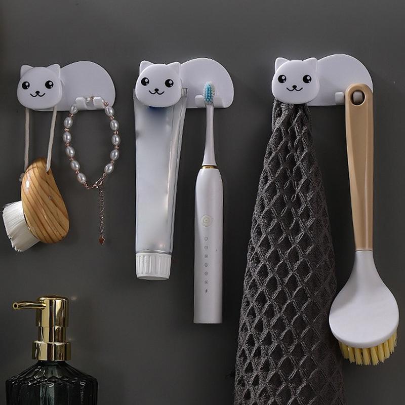 Plastic Cat Shaped Toothbrush Holder Non Perforated 2 In 1 Toothbrush Toothpaste Rack Wall Mounted Facial Cleanser Storage Clip