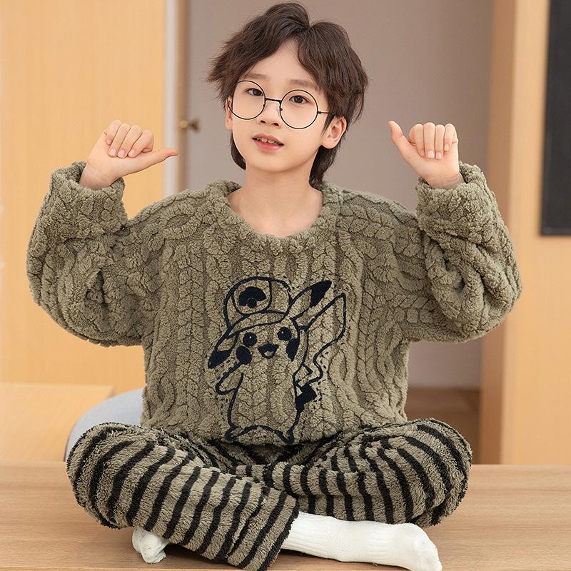 Kids Flannel Pajamas Set Boys Girls Warm Long Sleeve Top And Pants Sleepwear Winter Home Nightwear