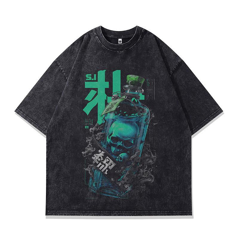 Summer New Men'S T-Shirt Dark Wind Japanese Abstract Printing Washed Retro Short-Sleeved Vintage T-Shirt For Men And Women