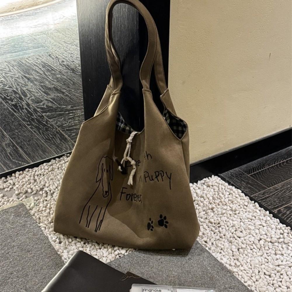 Vintage Drawstring Shoulder Bag Little Dog Handbag Fashion Puppy Paw Print Tote Bag Casual Wear
