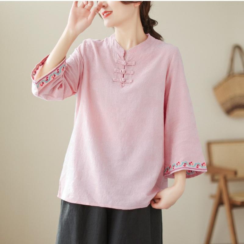 Retro žakárová bavlna a len košile s tříčtvrtečním rukávem a knoflíky s diskovým uzávěrem dámská košile top