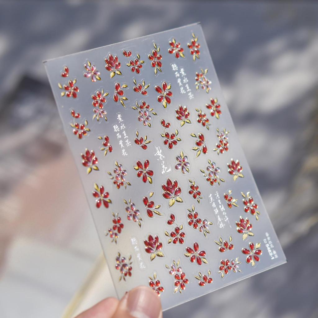 Tomoni Translucent Luxury Nail Stickers: Gold, Fruit, Red Flower, Leaf Designs