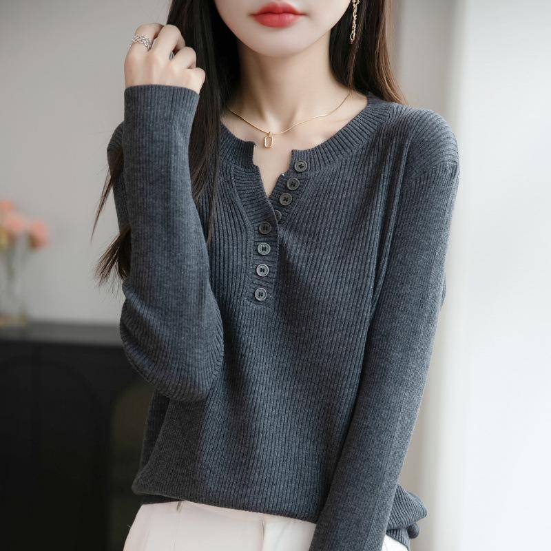 Women's V-Neck Fine Wool Knitwear: Long Sleeve Pullover Sweater for Spring & Autumn