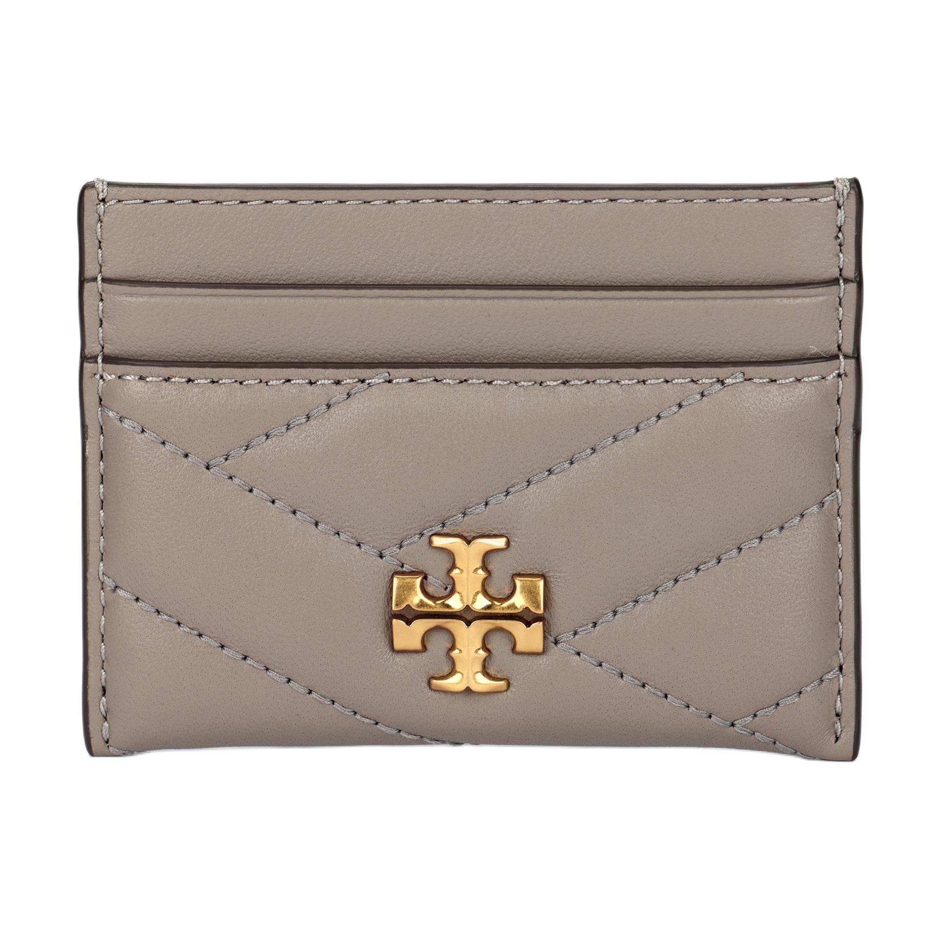 Tory Burch Kira Gold-Tone Double T Logo Quilted Lambskin Card Holder Women accessories Eagle-Gray 90345-082 Basic Set (Bag+Dust Bag)