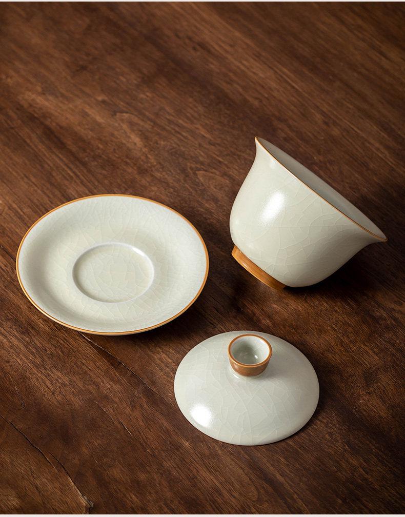 High-End Large Ru Kiln Ceramic Gongfu Tea Set: Three-Piece Lid, Bowl, and Cup.